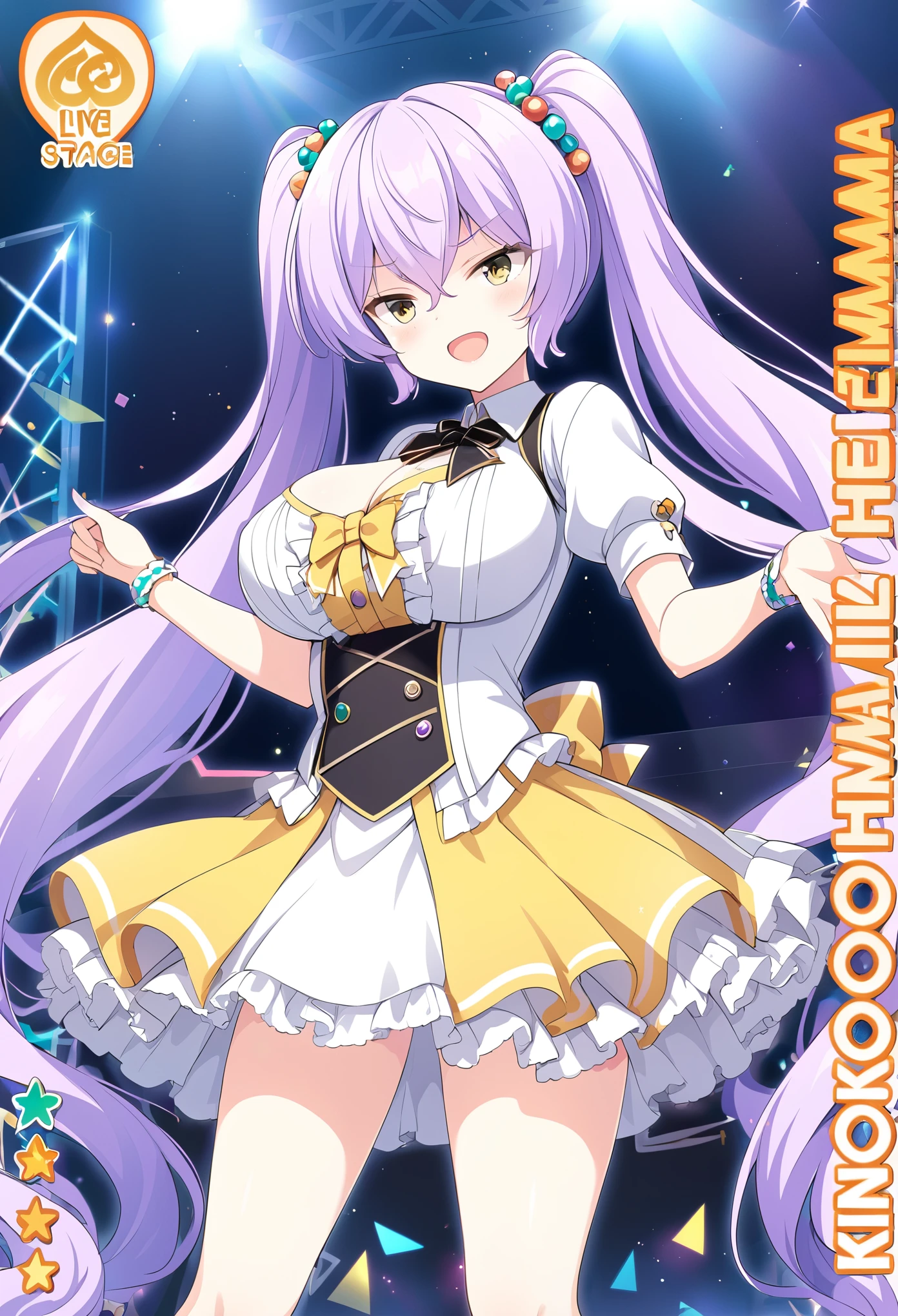 HIMEJIMAKINOKO, LIGHT PURPLE HAIR, TWINTAILS, HAIR BOBBLES, POLKA DOT, VERY LONG HAIR, YELLOW EYES,, large breasts, live stage, solo, nsfw