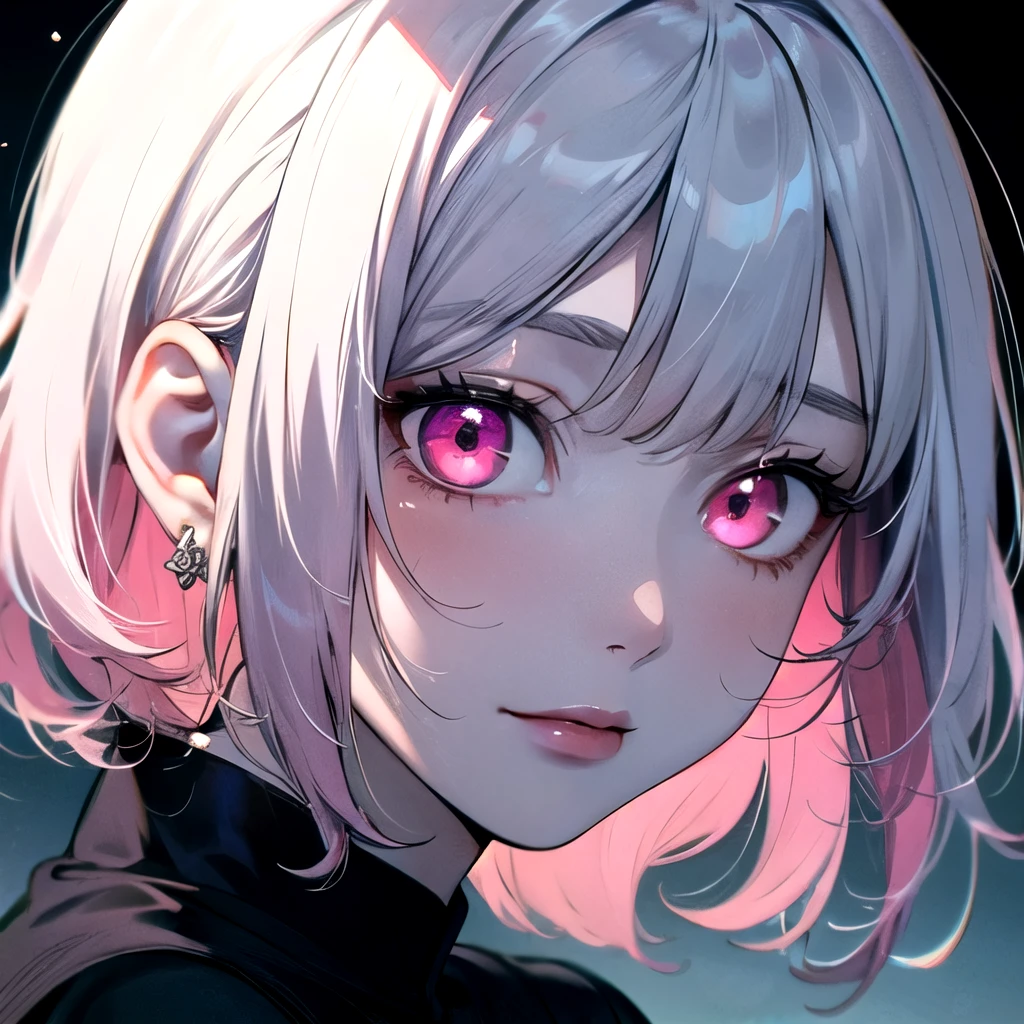 ((best quality)), ((masterpiece)), (detailed), perfect face. Asian girl. White hair. Pink eyes. Inner pink hair. Glowing eyes.