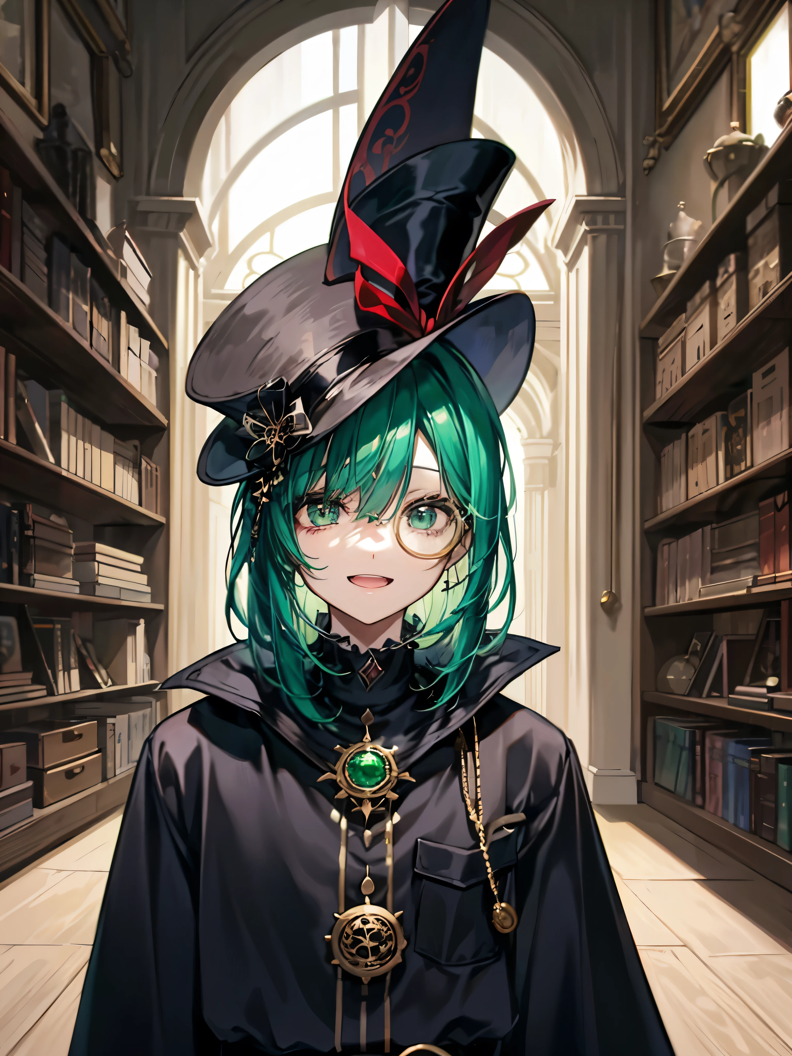 （（（masterpiece、Highest quality、highest quality、Highly detailed Unity 8ｋwallpaper、High resolution illustrations）））、（（Illustration of a girl alone、crossdressing、upper body））、（（（beautiful girl）））、（Emerald green hair、messy hair、sidelocks、Red Eyes、crazy eyes、crazy smile）、（（（flat chest）））、（（（monocle）））、Pocket watch、（（（Black Top Hat、Black suit、belt）））、Huge medieval libraries、A large number of books、Dimly lit room