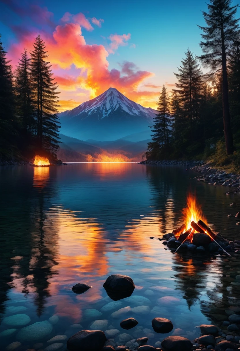 outdoor camping, (A beautiful sky, silhouette of a campsite, roaring fire, tent, on the shore by reflective crystal clear water, silhouettes of trees mountains, valleys, reflective clear water:2.6), hyperdetailed, color gradient, deep color, complementary colors, beautiful, complex, cosmic, elaborate ethereal, twilight, movement, calm, sincere, faith, perfect reflection