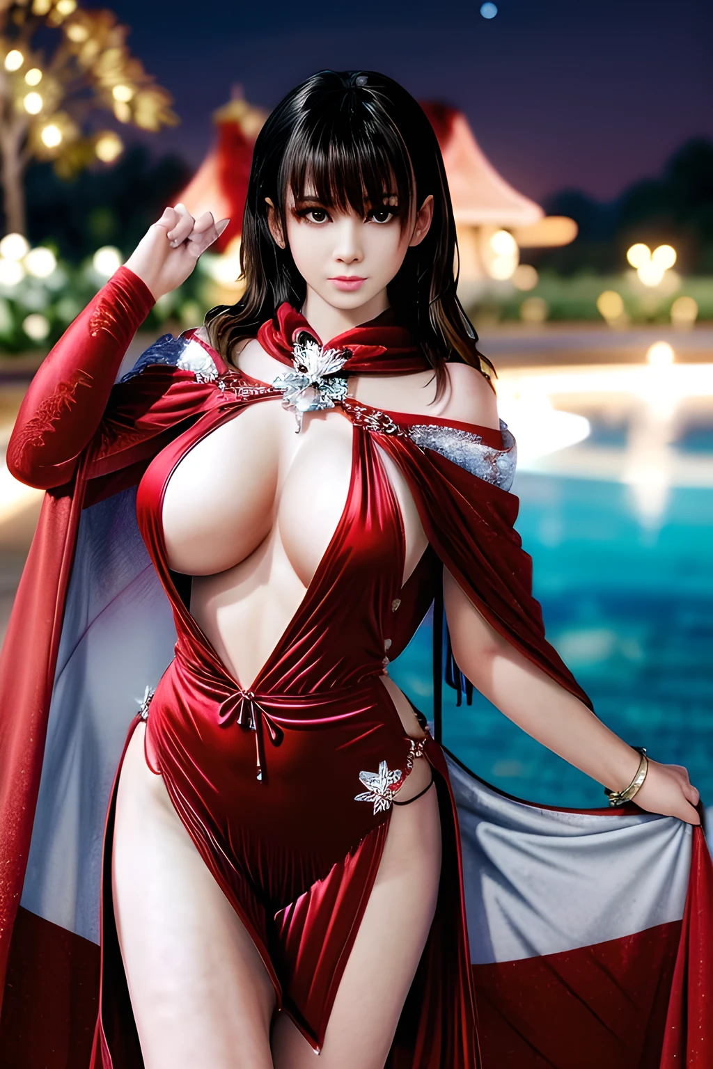 1girl,(RED theme: 1.2), (Velvet fabric nightgown: 1.2), (Ice flower cloak: 1.5), ,garden,moon,huge breasts,lactating,(lip gloss),(masterpiece), best quality, (real life portrait photography:1.5),unltra detailed,8K,Shot with a professional-grade camera like the Nikon D850,every intricate detail is captured, from the subtlest expression to the glimmer of anticipation in her eyes,Focus on thighs and above,,nanami