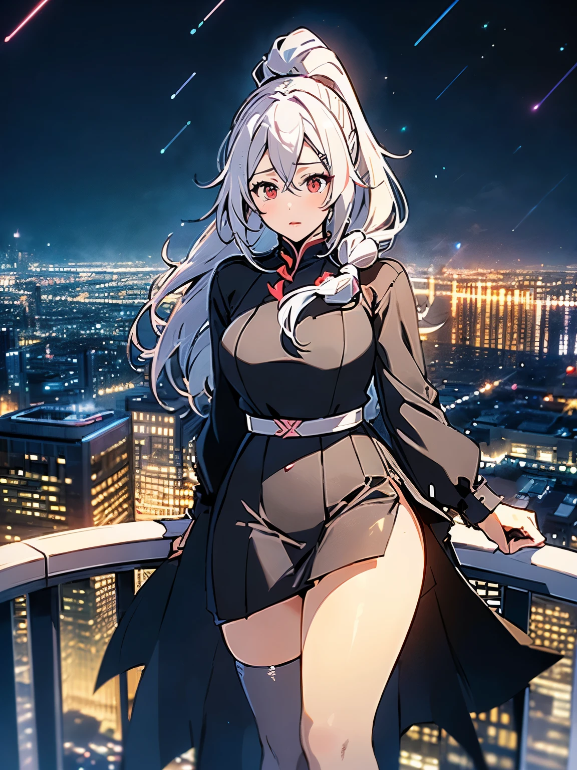 anime, (artwork, best quality, ultra-detailed, high contrast), 1 woman (Alone, full body, plus size body, standing on the edge of the skyscraper, silver hair, LONG In a ponytail, red eyes (detailed eyes), passionate expression, red lips (perfect lips), ruby sparkles, (simple black qipao), high heel boots neon pink), transparent black socks), (skyscraper roof, overlooking a city, detailed background ((night time, Darkness, low light pollution))) face in close