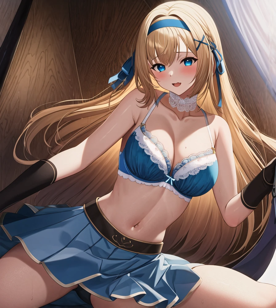 (masterpiece, best quality:1.2), 1girl, solo, blond hair, blue hairband, blue hair ribbon on the left, white-blue bra, black gloves, knight skirt, Solid color background