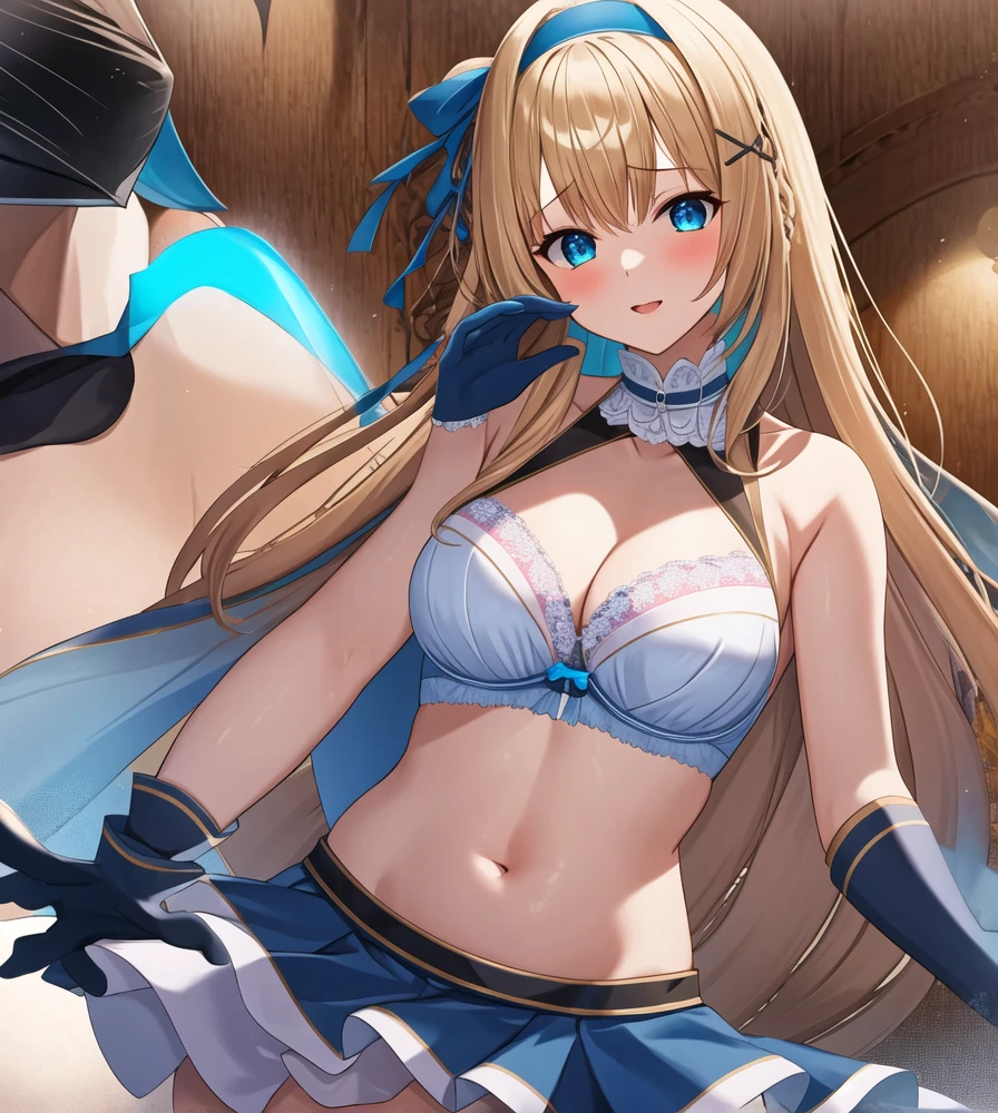 (masterpiece, best quality:1.2), 1girl, solo, blond hair, blue hairband, blue hair ribbon on the left, white-blue bra, black gloves, knight skirt, Solid color background