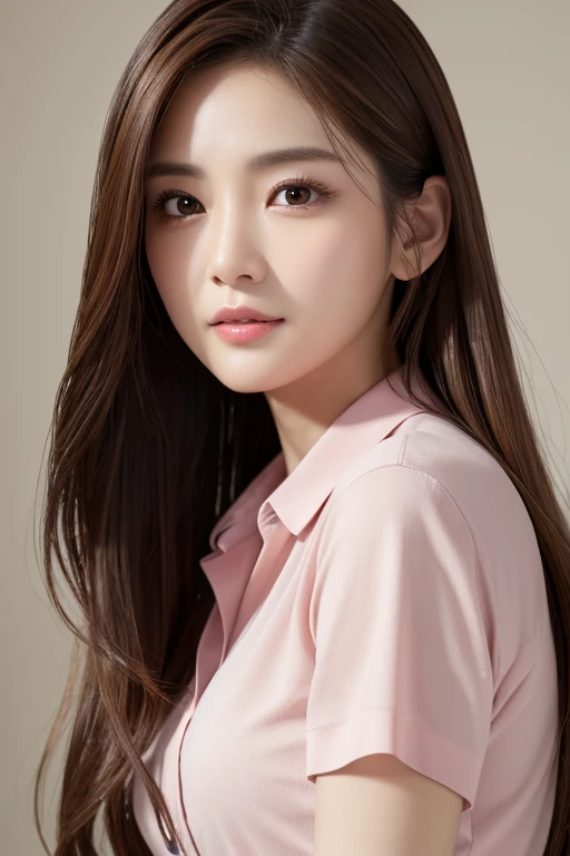 masterpiece、highest quality、figure、 Very detailed、Fine details、 High resolution、8K TV Wallpaper、Perfect dynamic composition、Beautiful at 28years old、clear、Detailed face、Fine grain、Textured skin、A faint smile,long dark brown hair, dark  brown eyes、Bold sexy pose、pink shirt 、I&#39;m background is garden,light bouquet、