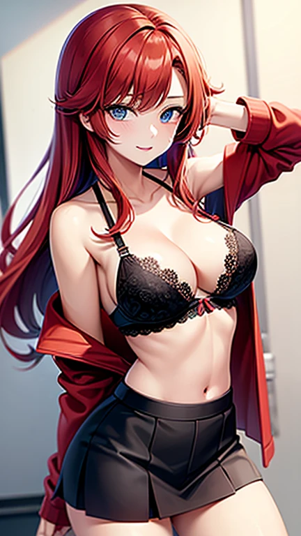 An anime girl with red hair and blue eyes wearing a skirt and an open shirt revealing a black and red bra