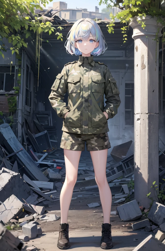 (masterpiece, highest quality, detailed), One girl, alone, View Viewer, diamond, Multicolored Hair, Variegated eyes,
Wear camouflage_uniform, Remains, Overgrown, rubble, Pillar, Outdoor, building, light, fog, Put your hands in your pockets, Expressionless