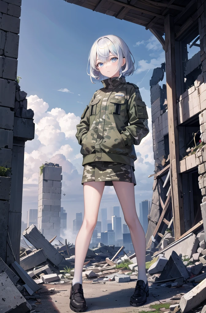 (masterpiece, highest quality, detailed), One girl, alone, View Viewer, diamond, Multicolored Hair, Variegated eyes,
Wear camouflage_uniform, Remains, Overgrown, rubble, Pillar, Outdoor, building, light, fog, Put your hands in your pockets, Expressionless