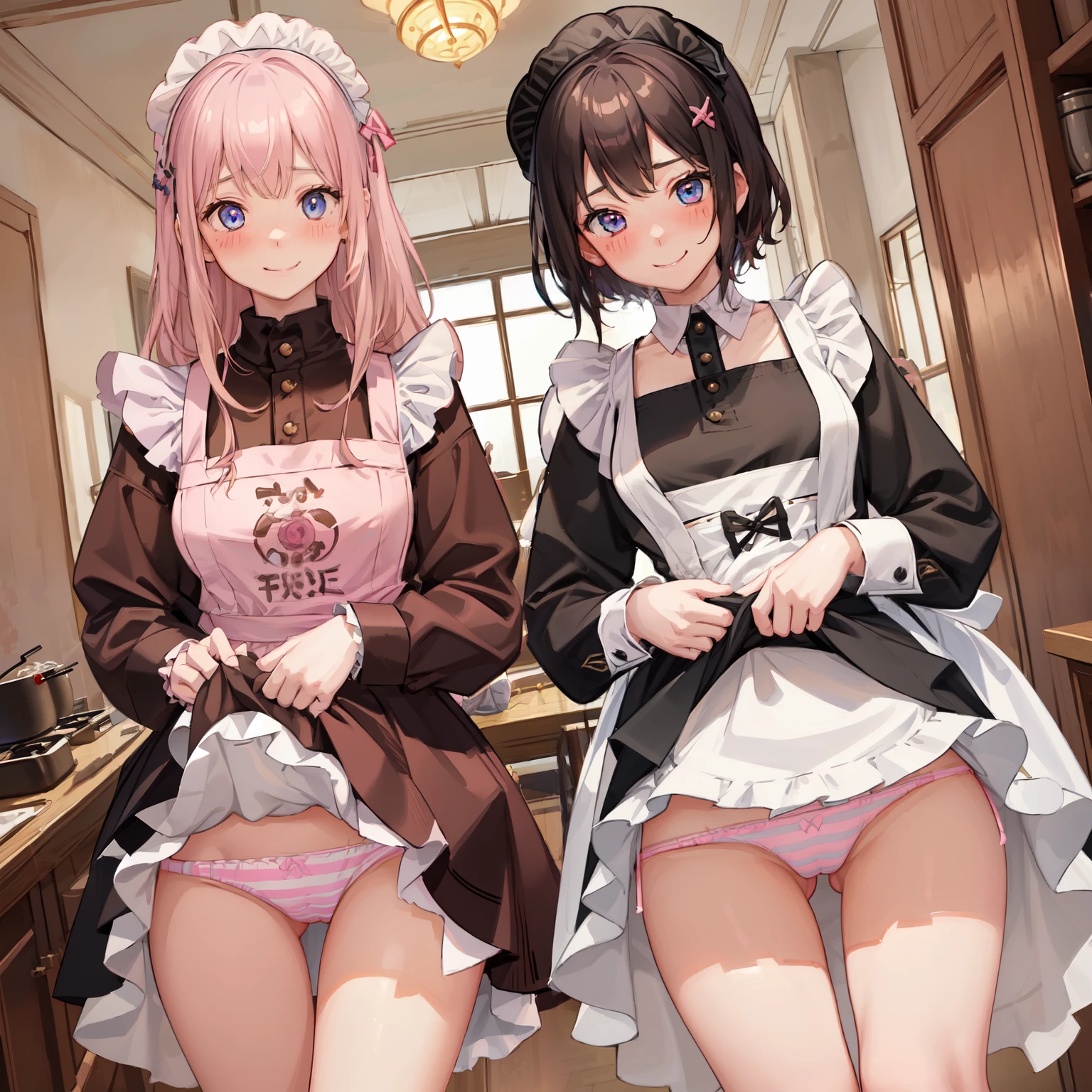 highest quality、masterpiece、((2 girls:1.5))、((smile:1.3))、(blush:1.3)、Black Shirt、blouse、((fun!!))、(Small breasts)、()、Blonde、(Long sleeve)、((White apron:1.5))、((Maid))、((hair ornaments)),、Kamimei、look at me、 ((in house:1.5))、 Taking a break from watching the audience、Cowboy Shot、(Skirt lift:1.3),(Highly detailed pink striped panties:1.3)、(Highly detailed panties:1.3)、、(スカート that rolls up:1.3)、(Panties fully exposed:1.5)、Light blue eyes、long hair、Glowing Eyes