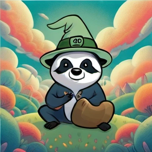 adtime, european badger, Happy, Wizard hat, green hiils, clouds, high Quality