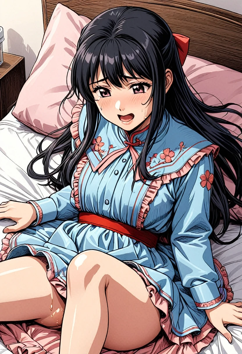 Sakura Jinguji, a girl with very long black hair, wearing a long-sleeved, luxuriously embroidered, super shiny satin light blue Western frill dress, is laid on a bed and suffers from labor pains.　She takes off her skirt, spreads her legs, sweats and endures the pain of labour, and shows her genitals to the obstetrician-gynecologist.