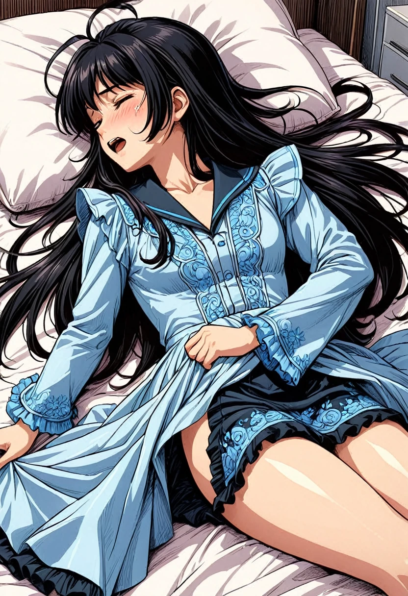 Sakura Jinguji, a girl with very long black hair, wearing a long-sleeved, luxuriously embroidered, super shiny satin light blue Western frill dress, is laid on a bed and suffers from labor pains.　She takes off her skirt, spreads her legs, sweats and endures the pain of labour, and shows her genitals to the obstetrician-gynecologist.