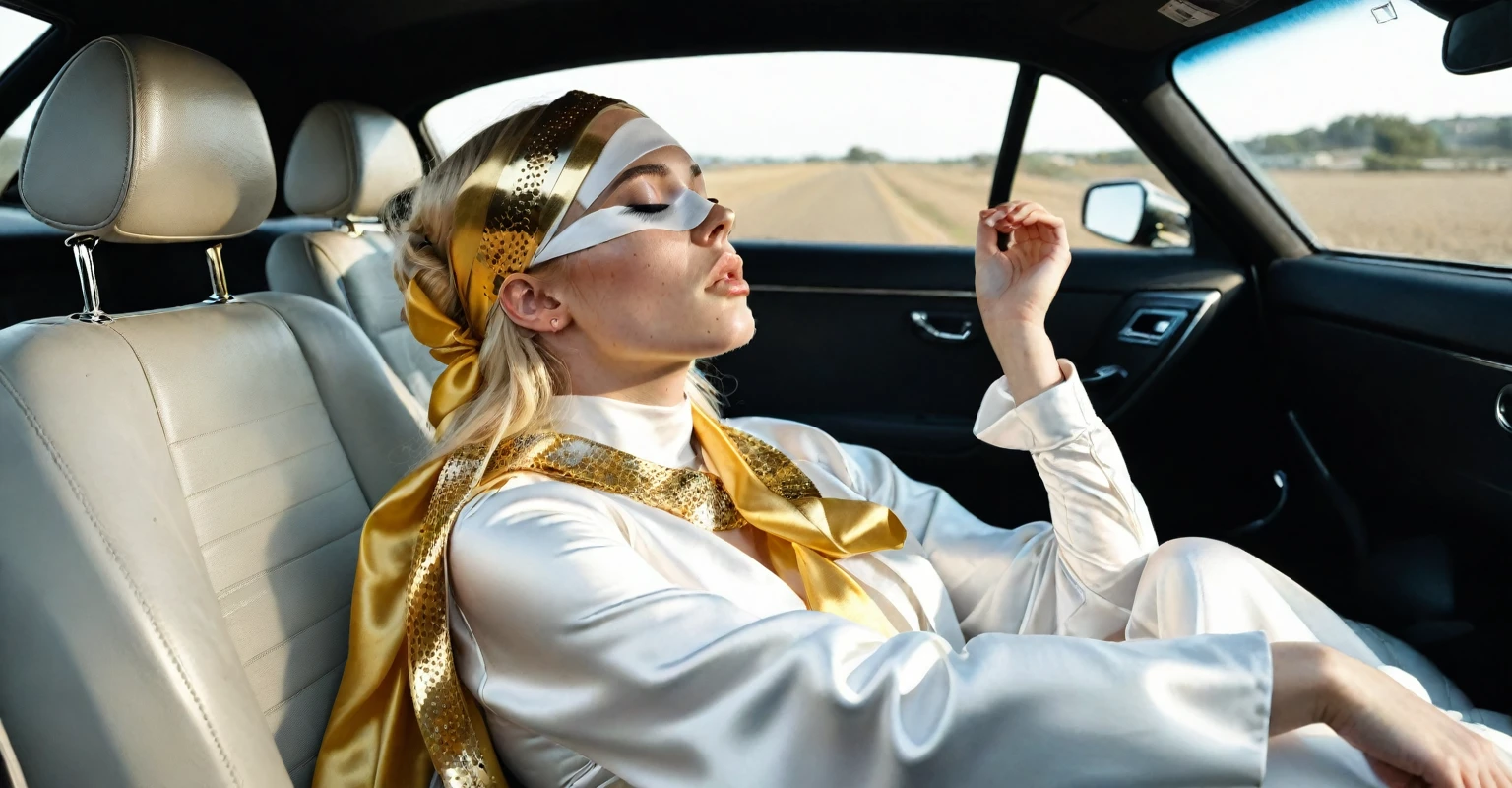 ((masterpiece)), ((Best quality)), 8K, HD, Super Detail, (Woman), (White dress with yellow gold headbands), (Golden hair shawl scattered), (Expression of closed eyes) (sleep in car 1.6) (Full body show 1.4) Картина-masterpiece, With the best quality and super detail, captured in 8K HD. Photographic realistic, realistic, very detailed illustrations realistic, octane number