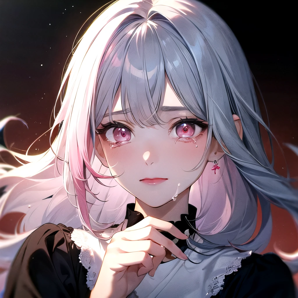 ((best quality)), ((masterpiece)), (detailed), perfect face. Asian girl. White hair. Pink eyes. Inner pink hair. Glowing eyes. Crying.