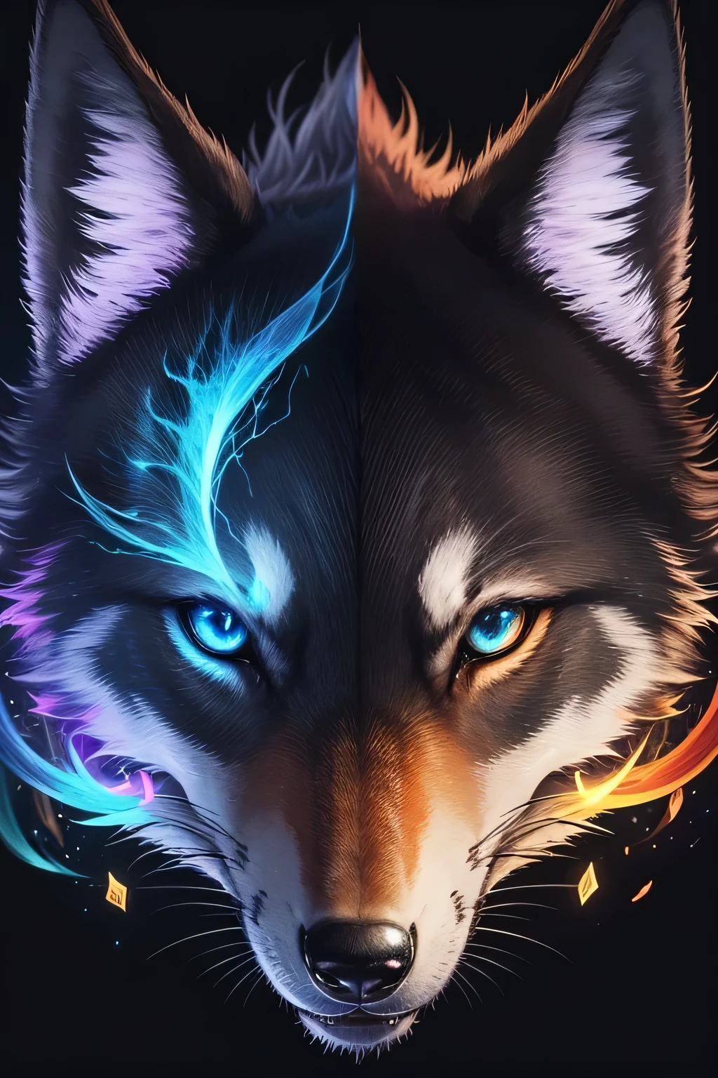 Colorful wolf drawing on a black background,, Breathtaking Rendering, In a shining connection, Inspired by Kinuko Y. Crafting,, Magical Elements, Kitten Icon, oh, Is beautiful, Cast a variety of spells, bright flash, flash