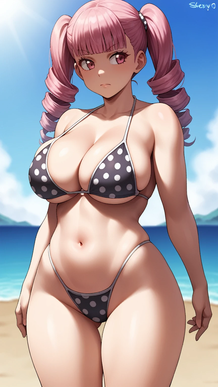 1girl, swimsuit, bikini, breasts, pink_hair, solo, long_hair, navel, bangs, polka_dot, large_breasts, polka_dot_bikini, black_eyes, twintails, cleavage, blunt_bangs, beach, thighs, day, drill_hair, striped, outdoors, cowboy_shot, black_bikini, very_long_hair, closed_mouth, eyelashes, thick_thighs, looking_to_the_side, sky, highleg_bikini, thigh_gap