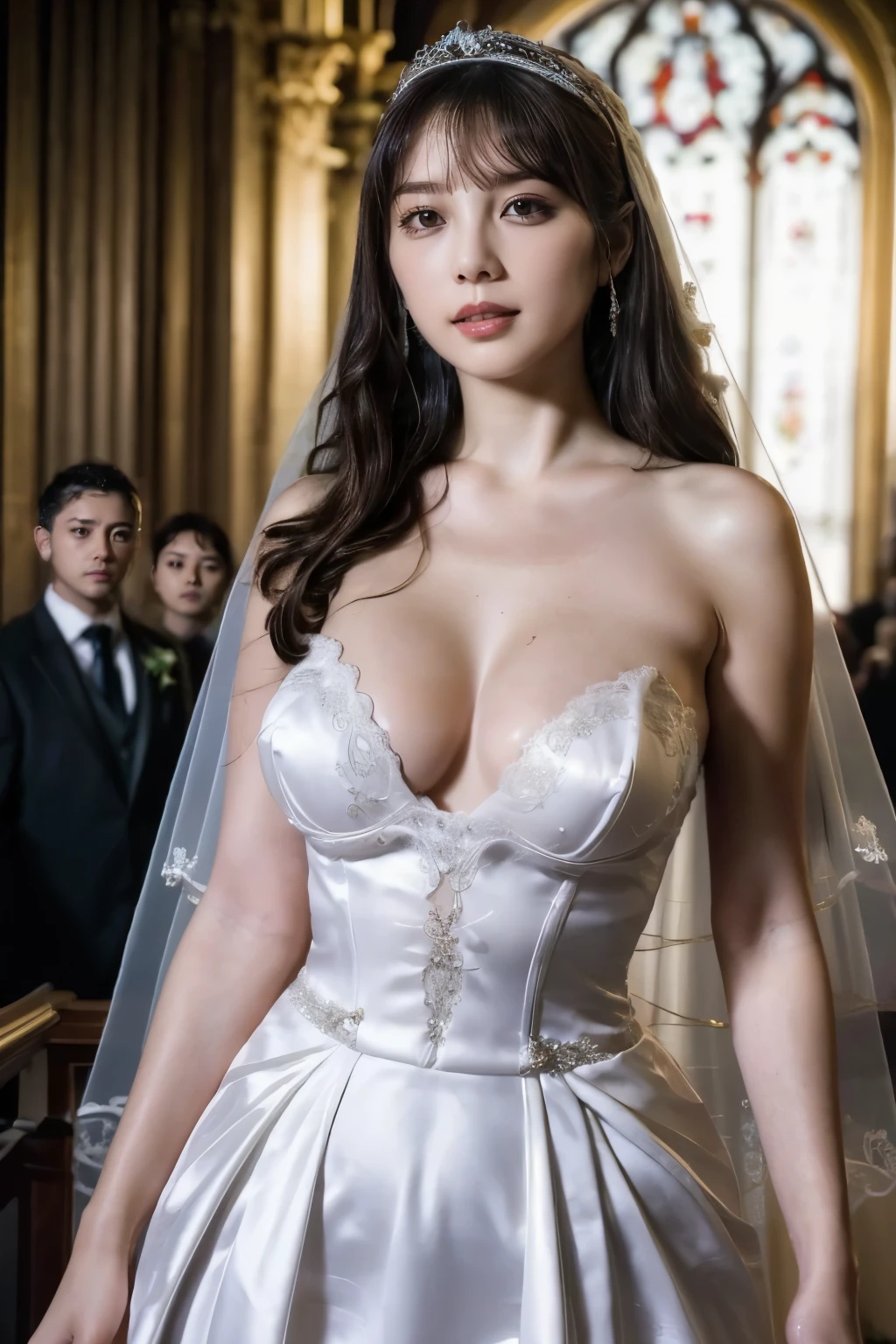 Naked,Full body like," Figure, (((1 bride is surrounded by plenty of business men))) Bride's outfit without shoulder straps,Small silver tiara,Colossal tits,sloppy and droopy breasts, heavy breasts almost exposed ,Fully visible bust,Sheer princess skirt,Wedding in the church,There is a large crowd of participants. the perfect body, (Best Quality, 4K, 8K, High resolution, masutepiece:1.2), Ultra-detailed, (Realistic, Photorealistic, Photorealsitic:1.37), royal, Captivating, (Vibrant colors, sharp chest:1.1), Soft lighting", fully transparent dress. thin waist. slim body, no pantie. dark pubic hair fully exposed.