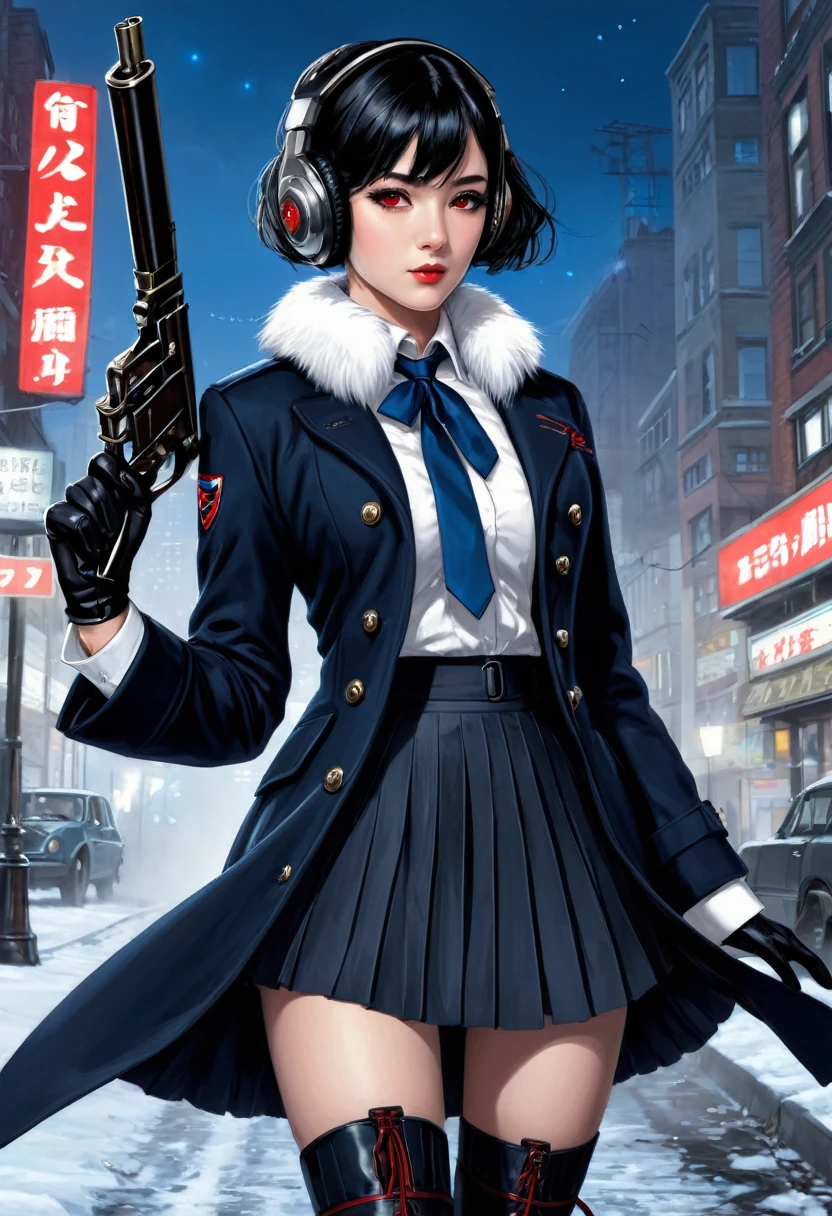 masterpiece, best quality, ultra-detailed, illustration,Headphone, Headphone gear, Solo girl, huge breast, Antique, Decorative gun, Red eyes, Short Black hair, White collared shirt, Pleats mini black skirt, Iining blue long fur black coat, Tie, Glove, Long boots, Put arms forward, Masterpiece, High quality, Ultra detailed, Intricate details, Science fiction, Night city