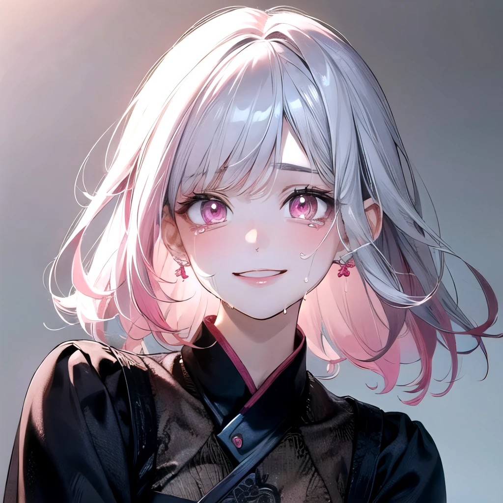 ((best quality)), ((masterpiece)), (detailed), perfect face. Asian girl. White hair. Pink eyes. Inner pink hair. Glowing eyes. Crying. Smile.