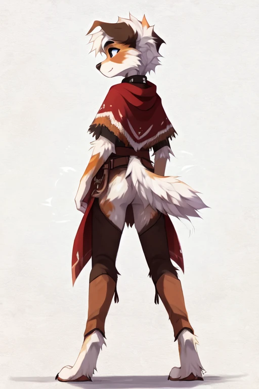 Rough Color pencil sketch, No background, white background, ((by reysi)), Furry, solo, ((Australian Shepard)), ((detailed fur)), (()), ((male)), ((full body)), ((digitigrade legs, knees buckling, shaking motion lines)), ((slender, skinny)), white hair, (confused look, raised eyebrow), (feather ear ring, tight choker, cowboy attire, poncho, chaps), (focus on butt, behind view, short tail),
