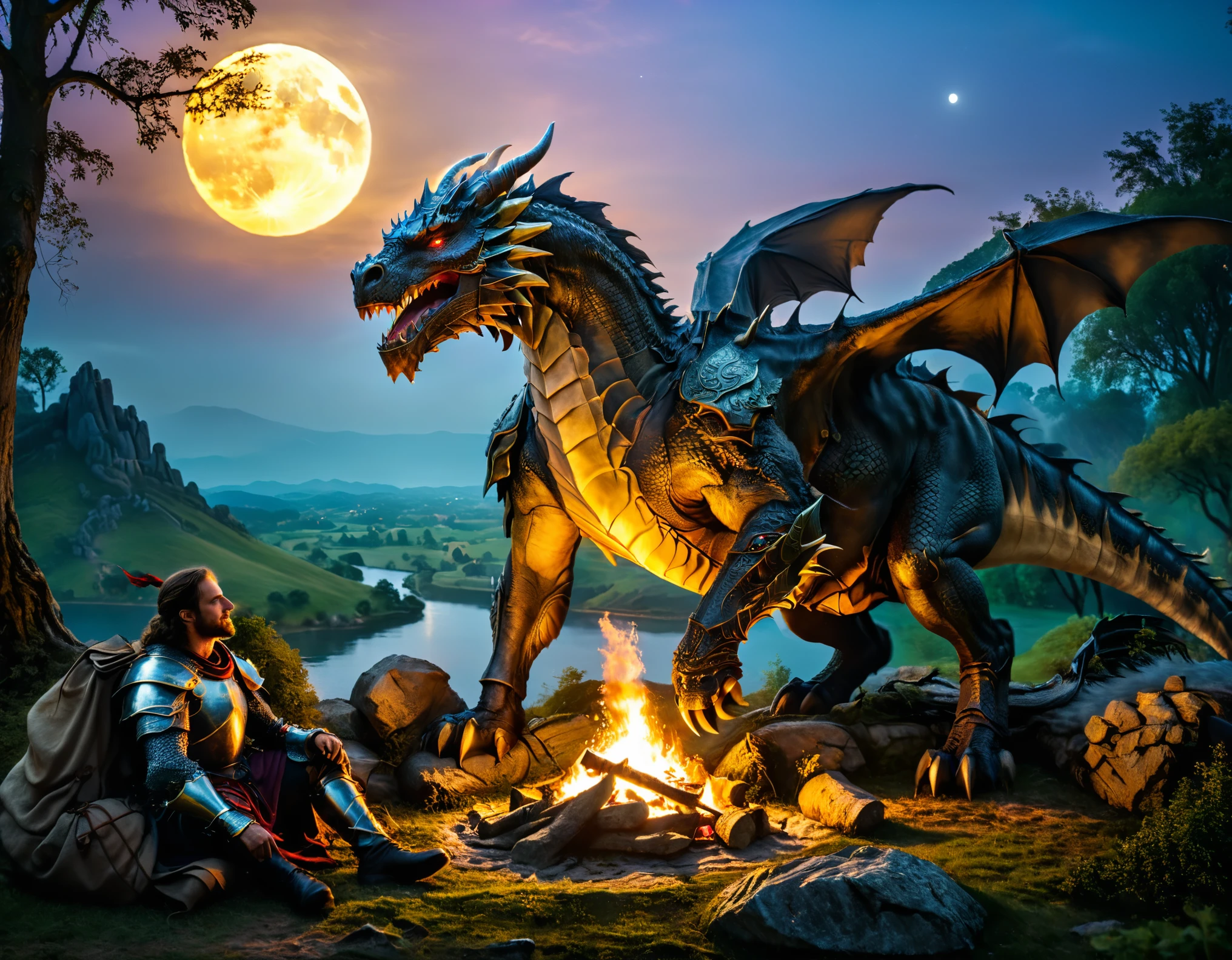 outdoor camping scene, medieval, knight order members, night, giant dragon, warhorse, resting, serene, (best quality,4k,8k,highres,masterpiece:1.2),ultra-detailed,(realistic,photorealistic,photo-realistic:1.37),HDR,UHD,studio lighting,ultra-fine painting,sharp focus,physically-based rendering,extreme detail description,professional,vivid colors,bokeh,fantasy,epic,cinematic,dramatic lighting,golden hour,moonlight