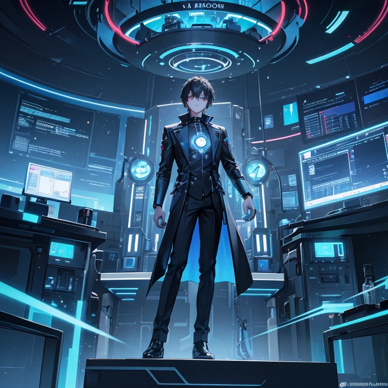 In a futuristic and high-tech laboratory, a 25 year old young guy with striking, glowing blue eyes and tousled dark hair stands confidently at the center. The individual is dressed in a black, futuristic outfit adorned with glowing blue accents, including a prominent, glowing pendant and tech gadgets. Behind them, a large, intricate machine with glowing elements and a clock-like structure creates a dramatic backdrop. The laboratory is filled with advanced technology, holographic screens, and mysterious glowing orbs, contributing to the sci-fi, cyberpunk atmosphere.