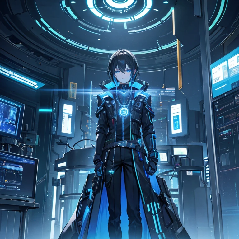 In a futuristic and high-tech laboratory, a 25 year old young guy with striking, glowing blue eyes and tousled dark hair stands confidently at the center. The individual is dressed in a black, futuristic outfit adorned with glowing blue accents, including a prominent, glowing pendant and tech gadgets. Behind them, a large, intricate machine with glowing elements and a clock-like structure creates a dramatic backdrop. The laboratory is filled with advanced technology, holographic screens, and mysterious glowing orbs, contributing to the sci-fi, cyberpunk atmosphere.