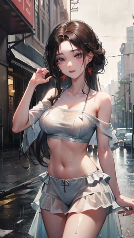 ((best quality, 8K, masterpiece:1.3)), focus:1.2, Perfect body beauty:1.4, Hips:1.2, ((Layered Hairstyle, breast:1.2)), (wet clothes:1.1) , (rain, street:1.3), Tube Top Dress: 1.1, Highly detailed face and skin textures, beautiful eyes, Double eyelids, Skin Whitening, long hair, (shut up: 1.3)