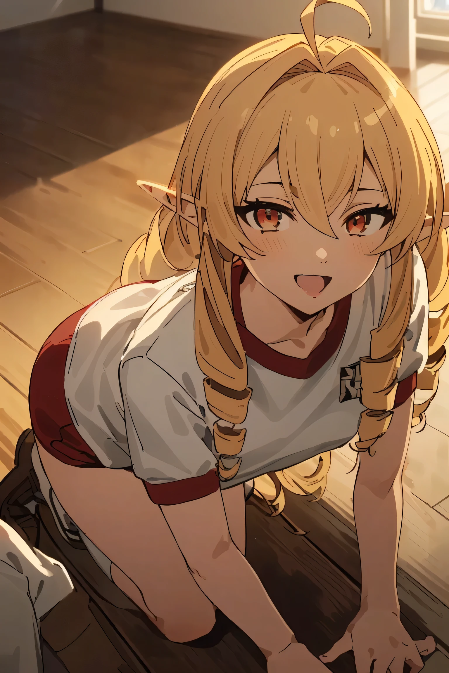 ,super detailed skin,smile,open mouth,day,sunshine ,direct light,sunlight,lighting forward,lighting front,spot light,(((black buruma, school, gym shirts, white t-shirts, gym uniform, Photo of girl in wooden floor school gym room))),all fours,crawling,looking at viewers
best quality, High resolution,(Illustration:0.8), ((Beautiful detailed eyes:1.6)), extra detailed face, extremely details CG, (Perfect hands, Perfect Anatomy),masterpiece,perfect anatomy,anime keyvisual, geme cg,(((blonde hair, very long hair,pointy ears,twin drills,red eyes,ahoge,elf,drill hair,hair between eyes,bangs,hair intakes,hair behind ear))),cowboy shot,slim thighs ,