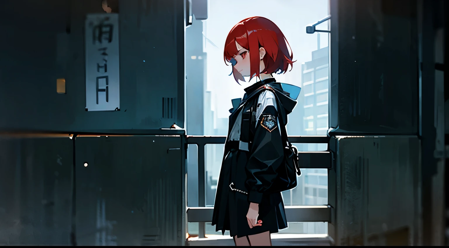 masterpiece,Highest quality,A girl with short red hair and a gloomy face is looking down and operating a smartphone,Modern Girl,Punk Fashion,(An empty park at night:1.3)