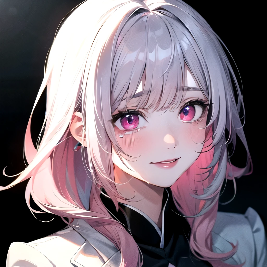 ((best quality)), ((masterpiece)), (detailed), perfect face. Asian girl. White hair. Pink eyes. Inner pink hair. Glowing eyes. Crying. Smile.