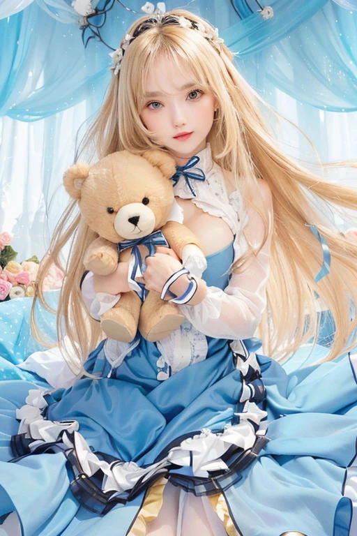 ((ultra realista)), ((imagem perfeita)), ((rosto perfeito)), ((ultra detalhado)), ((corpo inteiro)), a girl with long blond hair holding a teddy bear in her hands, garota de vestido azul