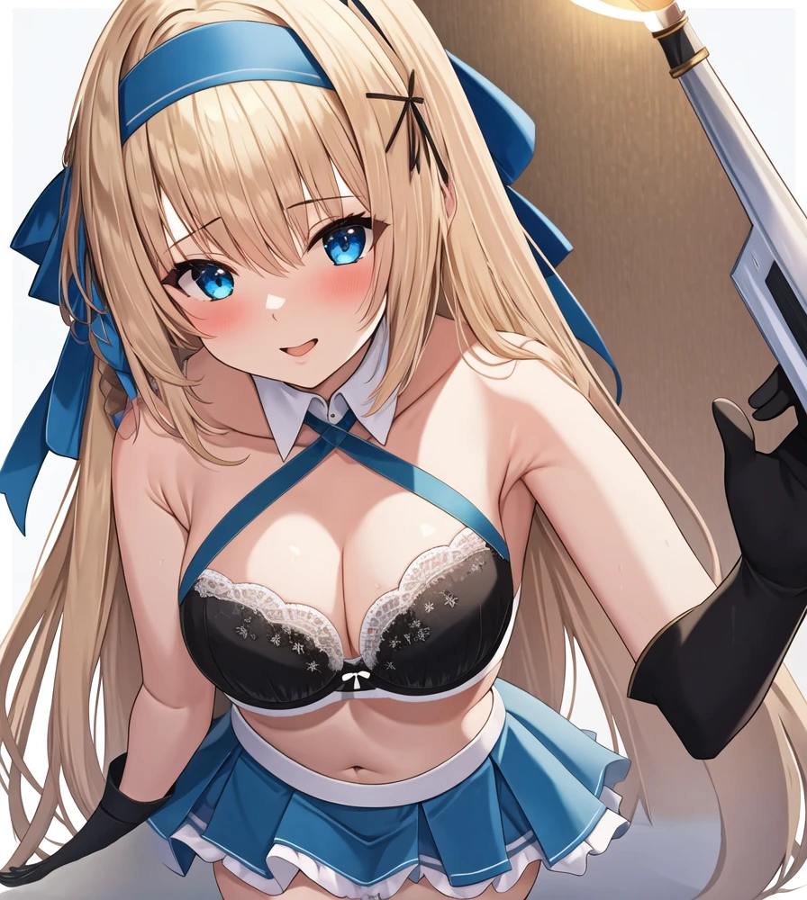(masterpiece, best quality:1.2), 1girl, solo, blond hair, blue hairband, blue hair ribbon on the left, white-blue bra, black gloves, knight skirt, gray background