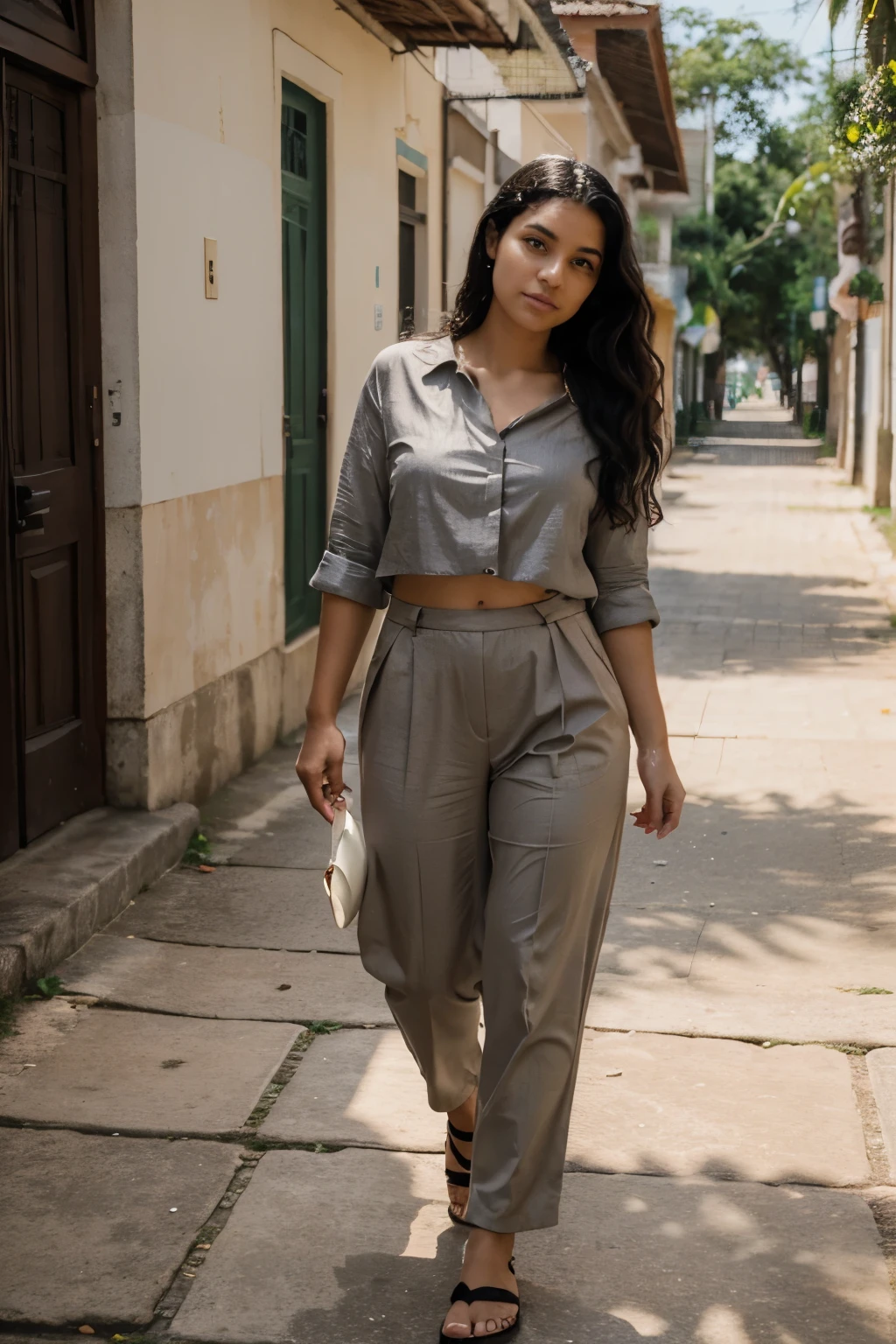 ((melhor qualidade)), ((Obra de arte)), (detalhado), perfect face of a 21 year old girl with wavy flowing black hair, in khaki-colored tailored pants and a light gray blouse, On his feet he is wearing handmade sandals, make it look real and decent, pose frontal, tornar o vestido menos, She walks on the sidewalk of no porral da amazonia em Belém do Pará in the late afternoon