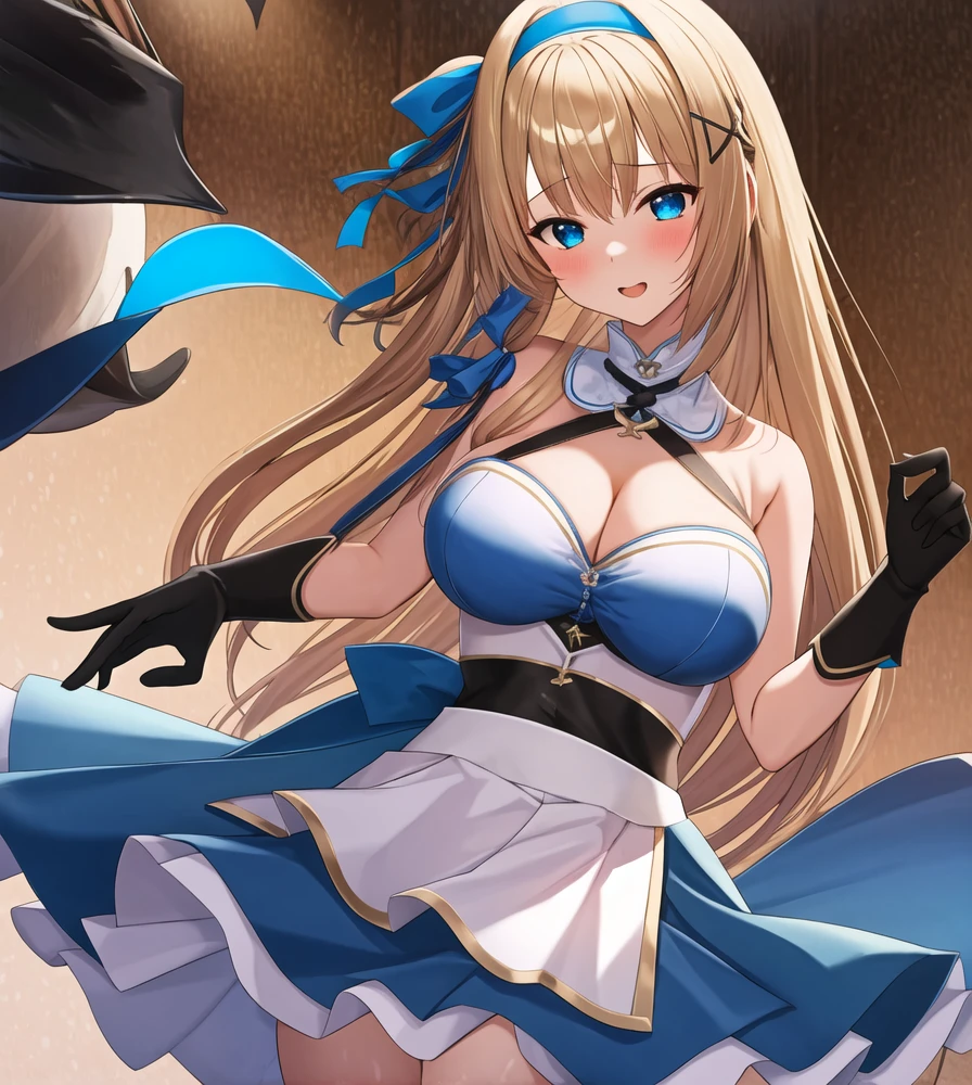 (masterpiece, best quality:1.2), 1girl, solo, blond hair, blue hairband, blue hair ribbon on the left, white-blue breast, black gloves, knight skirt, grayr background