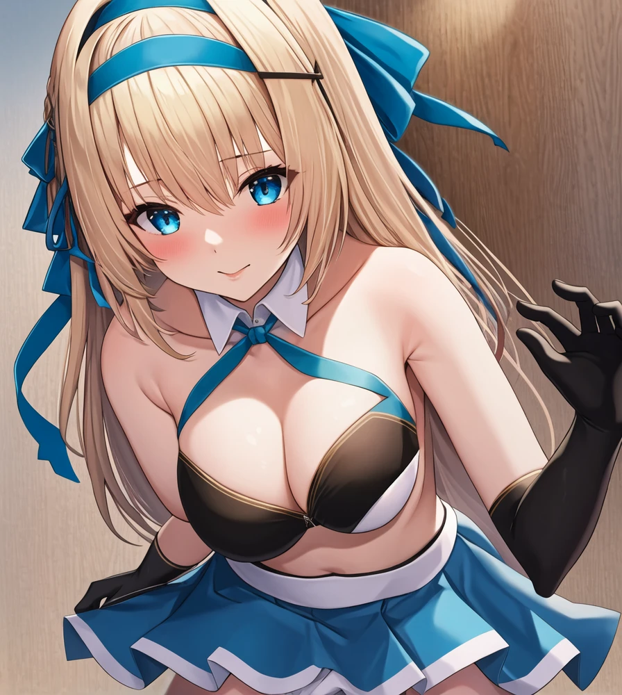 (masterpiece, best quality:1.2), 1girl, solo, blond hair, blue hairband, blue hair ribbon on the left, white-blue breast, black gloves, knight skirt, grayr background