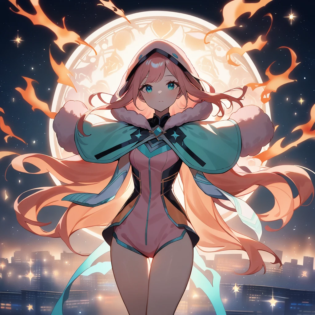 A girl with long glossy hair, magnificent silhiuette odmf senrenuty bound to a swirling orange flames filled with stars.In outer space bathed in requiems glory a guardian over looks the city. (Twin blades on both sides of her hips)) red and pink romper with mixed teal shades. Pink sheepskin hood around her shoulders