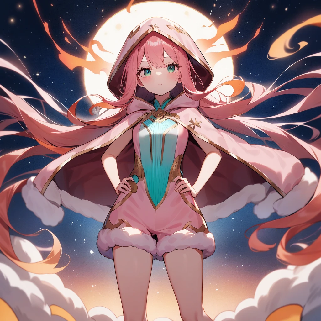 A girl with long glossy hair, magnificent silhiuette odmf senrenuty bound to a swirling orange flames filled with stars.In outer space bathed in requiems glory a guardian over looks the city. (Twin blades on both sides of her hips)) red and pink romper with mixed teal shades. Pink sheepskin hood around her shoulders