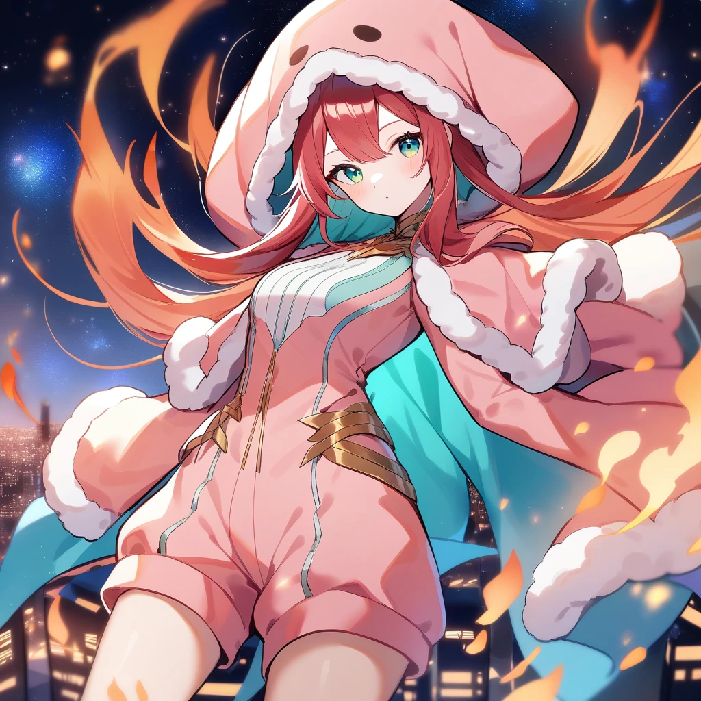 A girl with long glossy hair, magnificent silhiuette odmf senrenuty bound to a swirling orange flames filled with stars.In outer space bathed in requiems glory a guardian over looks the city. (Twin blades on both sides of her hips)) red and pink romper with mixed teal shades. Pink sheepskin hood around her shoulders