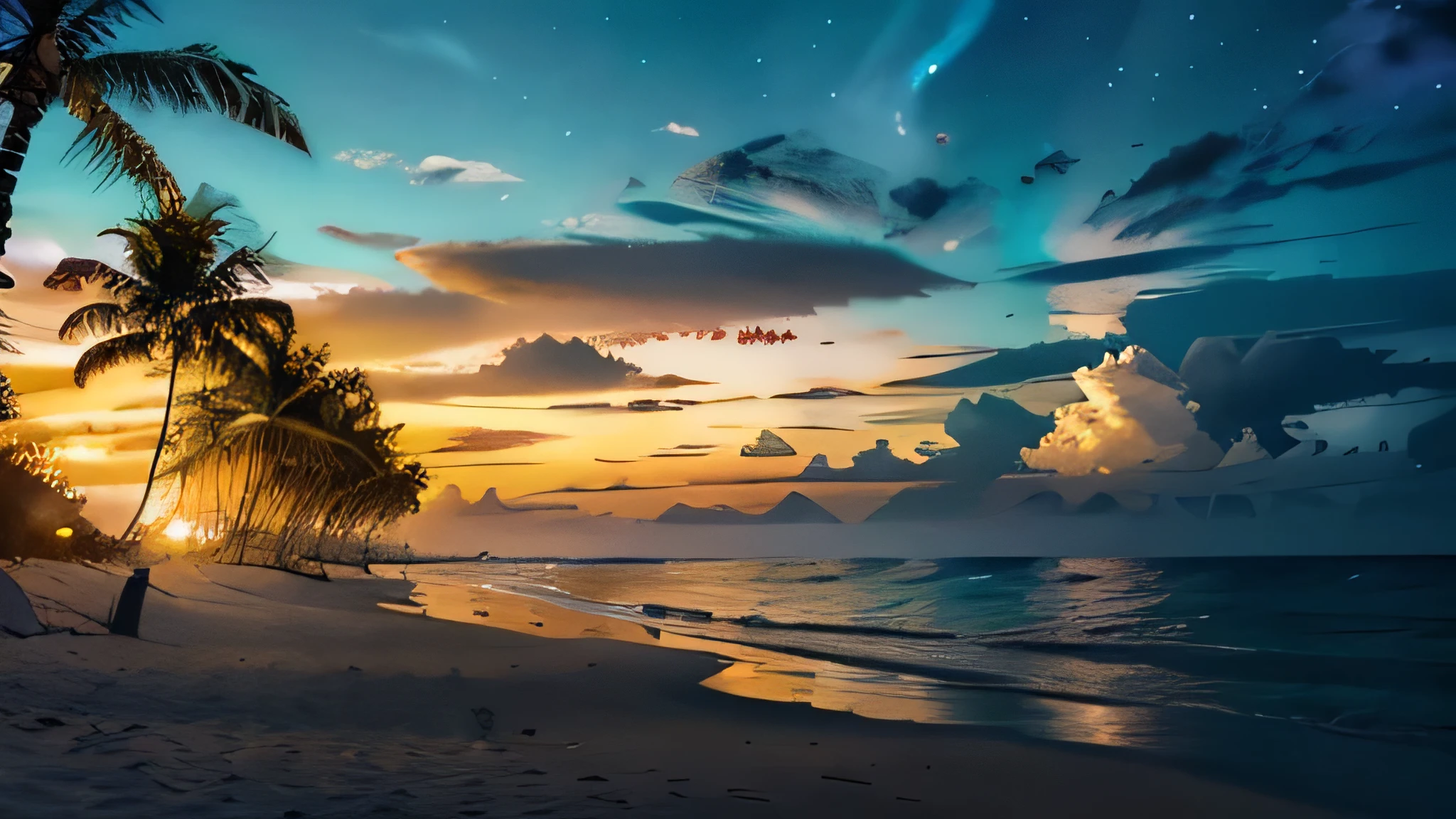 Night beautiful tropical beach, no people, serene landscape, golden sand, turquoise ocean, swaying palm trees, dramatic sky, cinematic lighting, vibrant colors, breathtaking scenery, highly detailed, photorealistic, 8k, award winning, masterpiece night 
