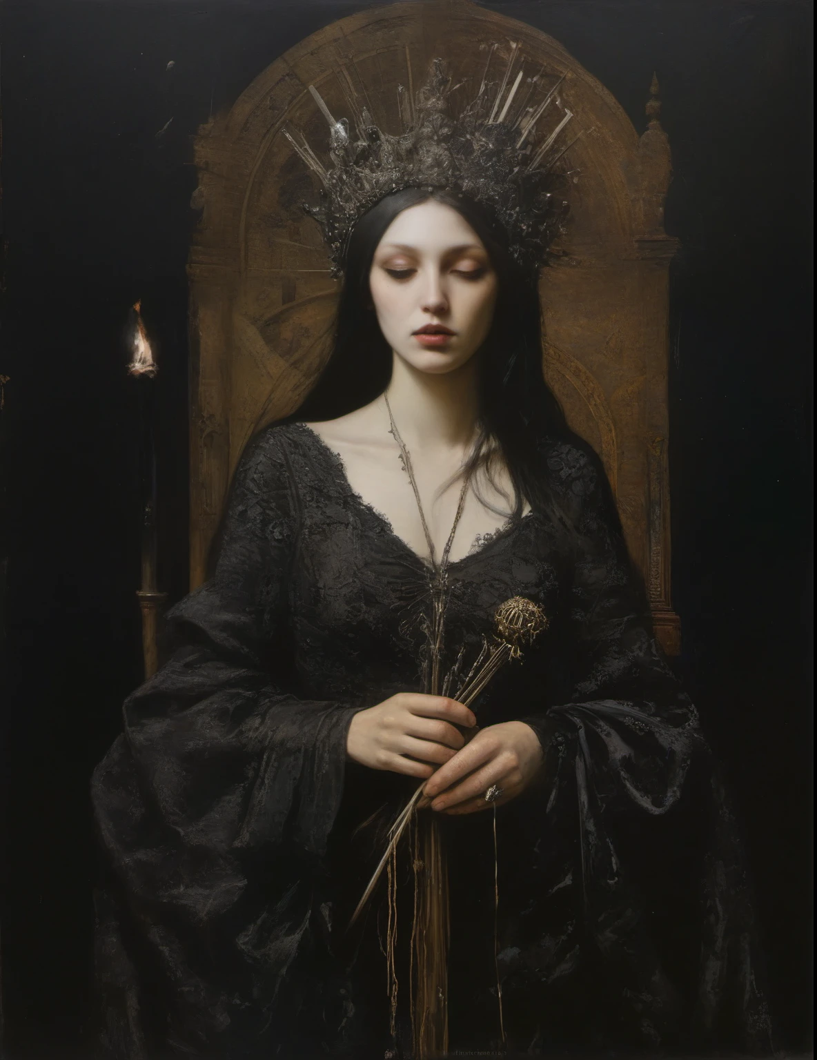 James Gurney, Surrealist art , dream-like, Mysterious, Provocative, symbolic, Complex, detailed,, (Gothic but very beautiful:1.4), (masterpiece, highest quality:1.4) , Nicola Samori Style, Queen of wands