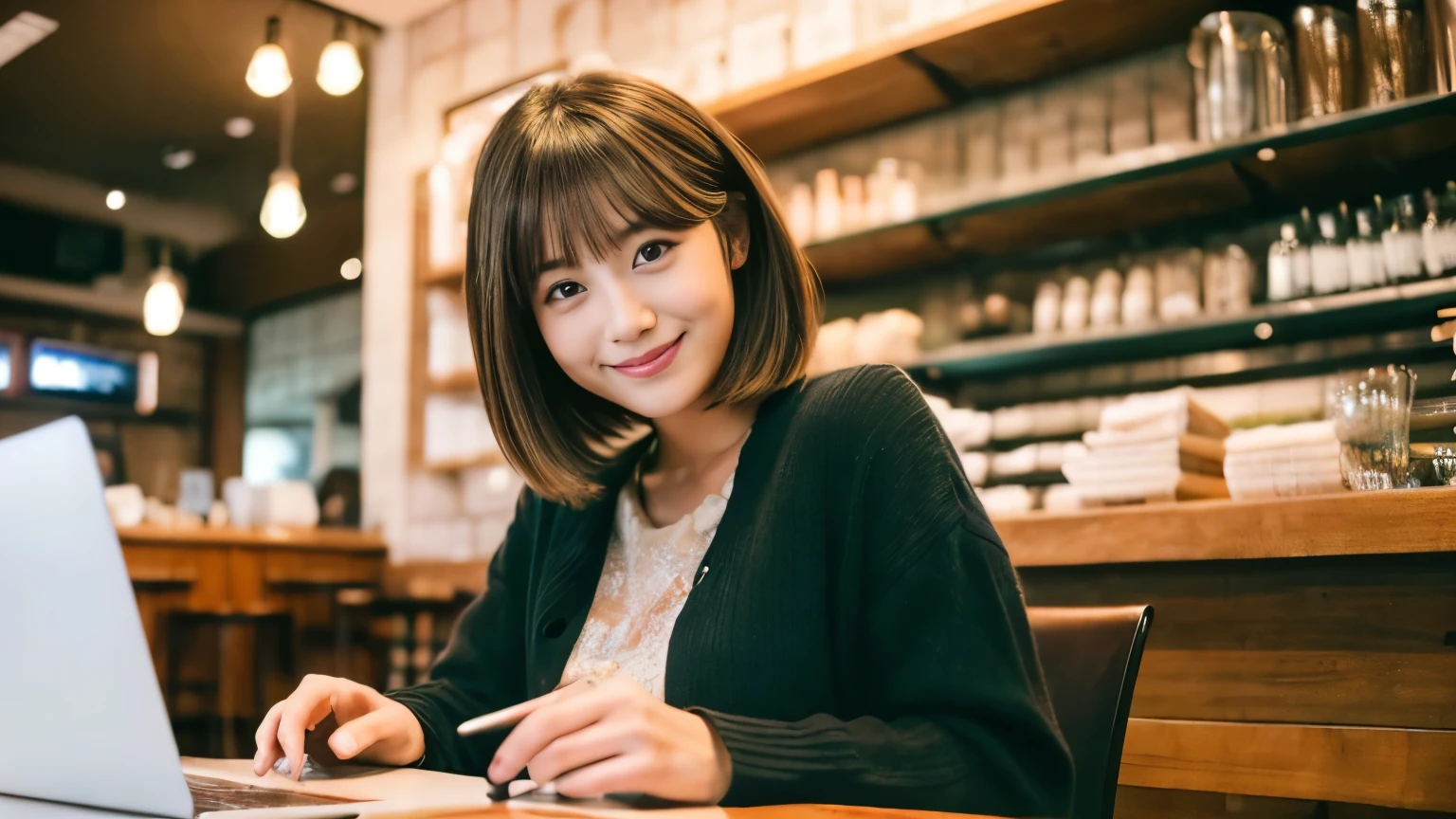((最high quality, 8k, masterpiece: 1.3)), Perfect Face,Inside a stylish New York cafe、A scene in which a beautiful model-like woman with big breasts is drinking a latte and studying on a laptop.,Everything around you, I can see that other customers are enjoying it too.....。Inside the cafe、The staff are busy working at the counter..、Feel the vibrancy and warmth of an urban café..., Sharp focus, 1 girl, Sexy 1.2, Brown Hair, With bangs, (Layered Short Hair), (big: 1.5), Fine Eyes, Beautiful eyes with slit length, double eyelid, (Cat face), (cute Face), cute Smile, (Shut your mouth.), (cute), Soft Skin, Show your whole body, Surreal, Very detailed, high quality, (Beautiful female college student with short hair studying in a cafe), ((詳細な非常にcute女子大生), ((big胸 It can be seen even through clothes)),Staring at your boyfriend