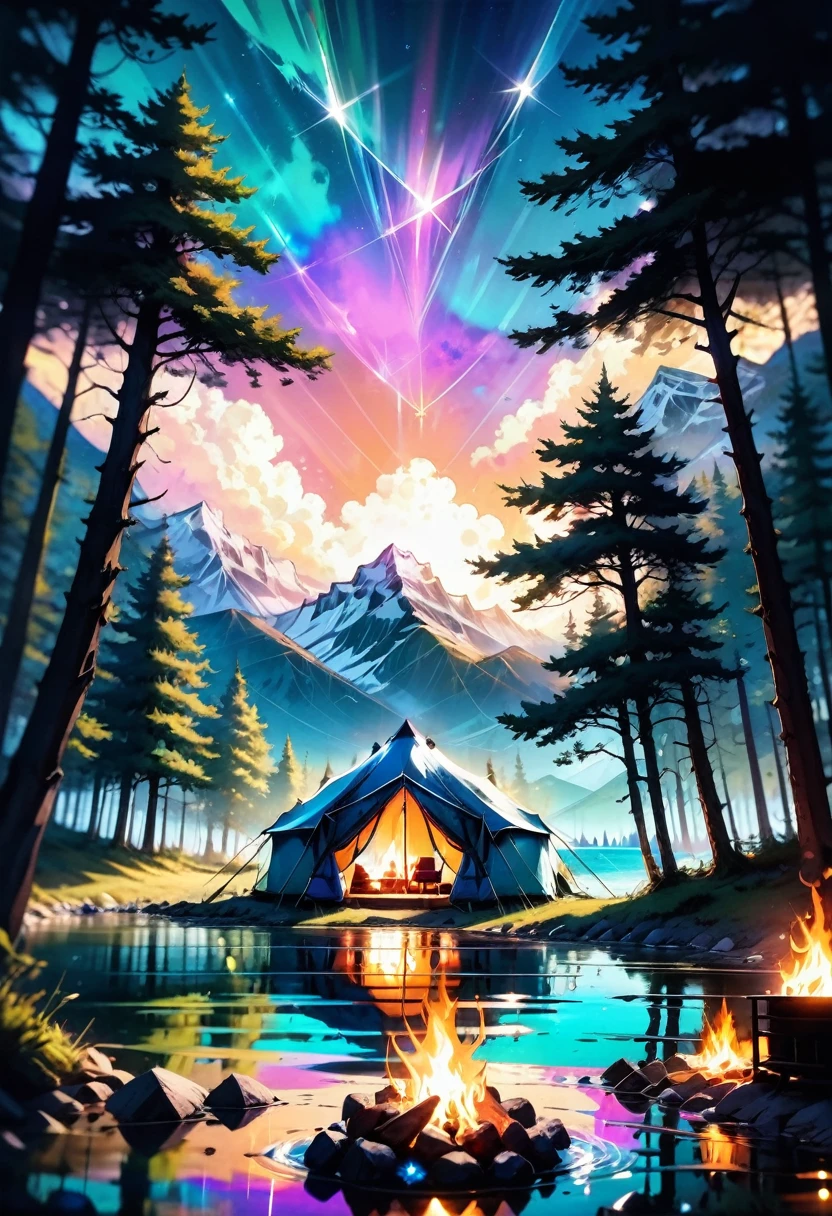 outdoor camping, (A beautiful sky, silhouette of a campsite, roaring fire, tent, on the shore by reflective crystal clear water, silhouettes of trees mountains, valleys, reflective clear water:2.6), hyperdetailed, color gradient, deep color, complementary colors, beautiful, complex, cosmic, elaborate ethereal, twilight, movement, calm, sincere, faith, perfect reflection