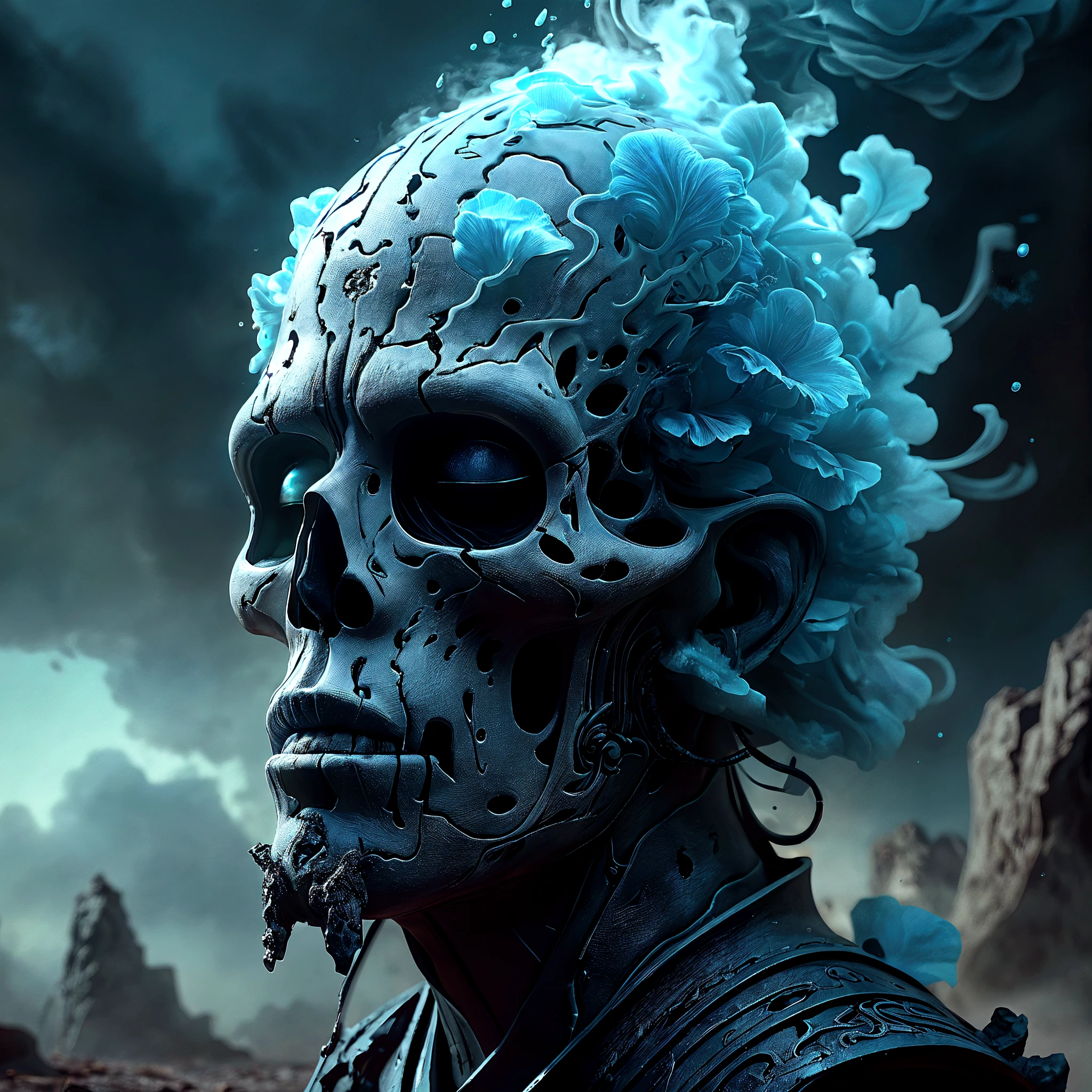 <lora:CyberpunkWorldXL:1>CyberpunkWorld solo, half shot, (bloody scars:0.7), looking away, detailed background, detailed face, (<lora:BohoAI:0.6>, bohoai, boho theme:1.1), aggressive feral jungle warrior, rutheless, wild hair, Cyan frayed tribal clothing, smeared mud,,mud-caked 10%skull decorations, **(skeletal, undead:1.1),** bushes, stones, mysterious river in background, rugged terrain, tropical climate, darkness, mysterious fog, cinematic atmosphere, **(modern clothes, modern equipment:1.2),**, cyberpunk, sci-fi, tech, 24mm, (analog, cinematic, film grain:1.3), Bokeh DOF, (Masterpiece:1.3) (best quality:1.2) (high quality:1.1)