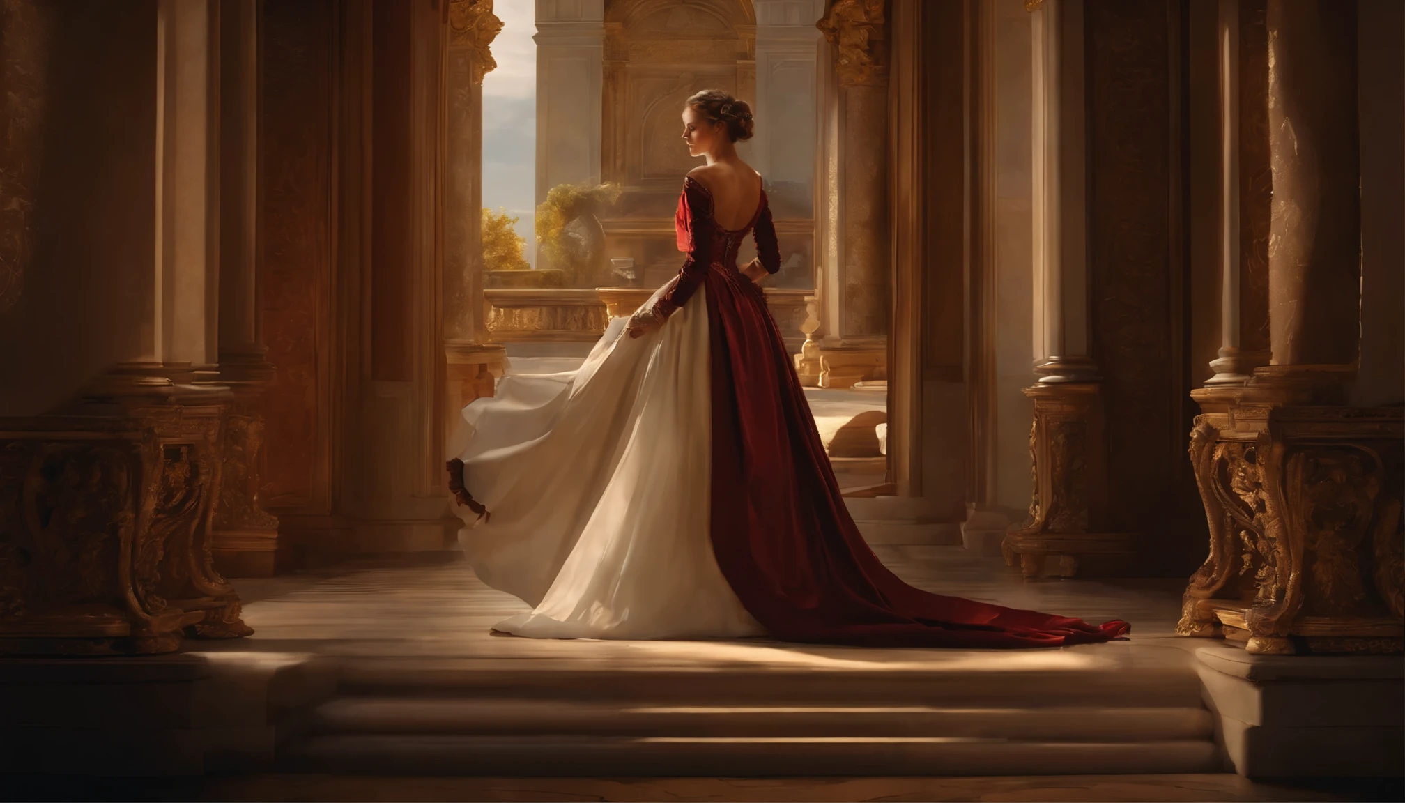 Create an image of a Renaissance painting, rich in detail and of high quality. The scene should include typical elements of the era, such as elaborate clothing, classical architecture, and lush natural settings. Incorporate human figures in graceful and expressive poses, with meticulously painted faces and elegant gestures. Use a rich and balanced color palette, emphasizing light and shadow to create depth and realism. Include additional elements like ornate furniture, decorative objects, and background landscapes that evoke the Renaissance, ensuring a harmonious and authentic composition.