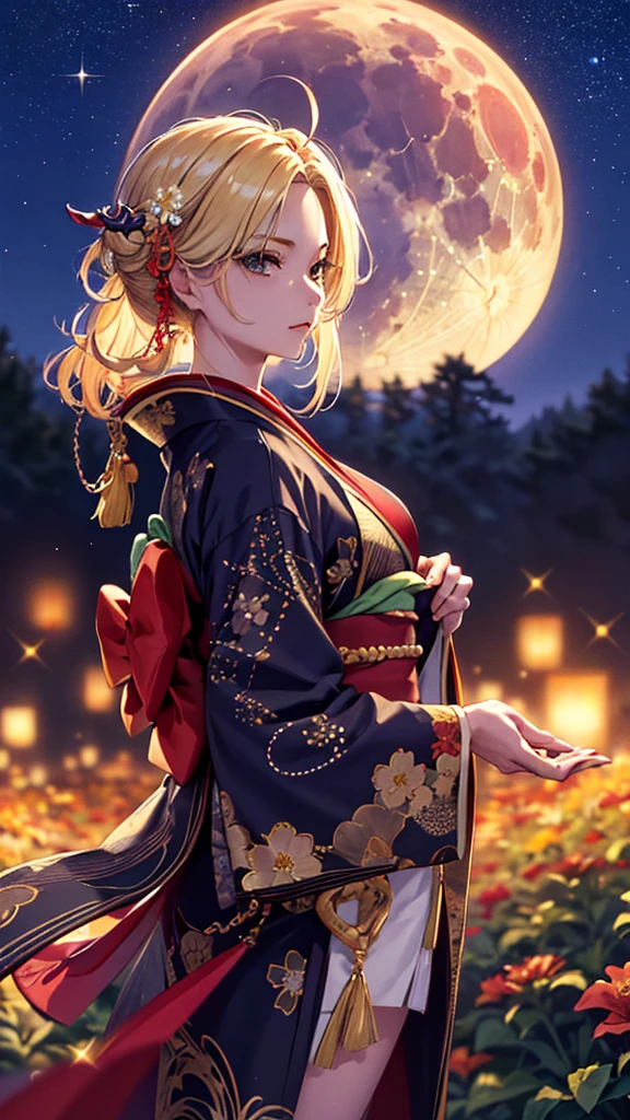 masterpiece, high quality, 4K, Beautiful design, silhouette，blonde， 非常に詳細な夜のStarry Sky,Flower Field， wonderful, Finer details,  Very knowledgeable woman, Highly detailed solo, 1 female,Big Breasts，Red colored kimono，Night view，Starry Sky，full moon，