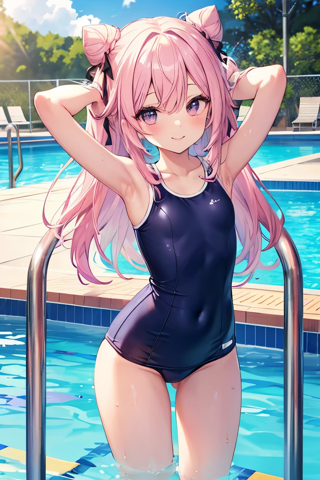 Pink Hair、ピンク目girl、Small breasts、Hair Bun、girl、Small breasts、Lolita、Bright smile、Looks about 、Petan Musume、short、目のhighlight、Sexy thighs、Wear a school swimsuit、Pool、Show your armpits、Your eyes are so beautiful、highlight