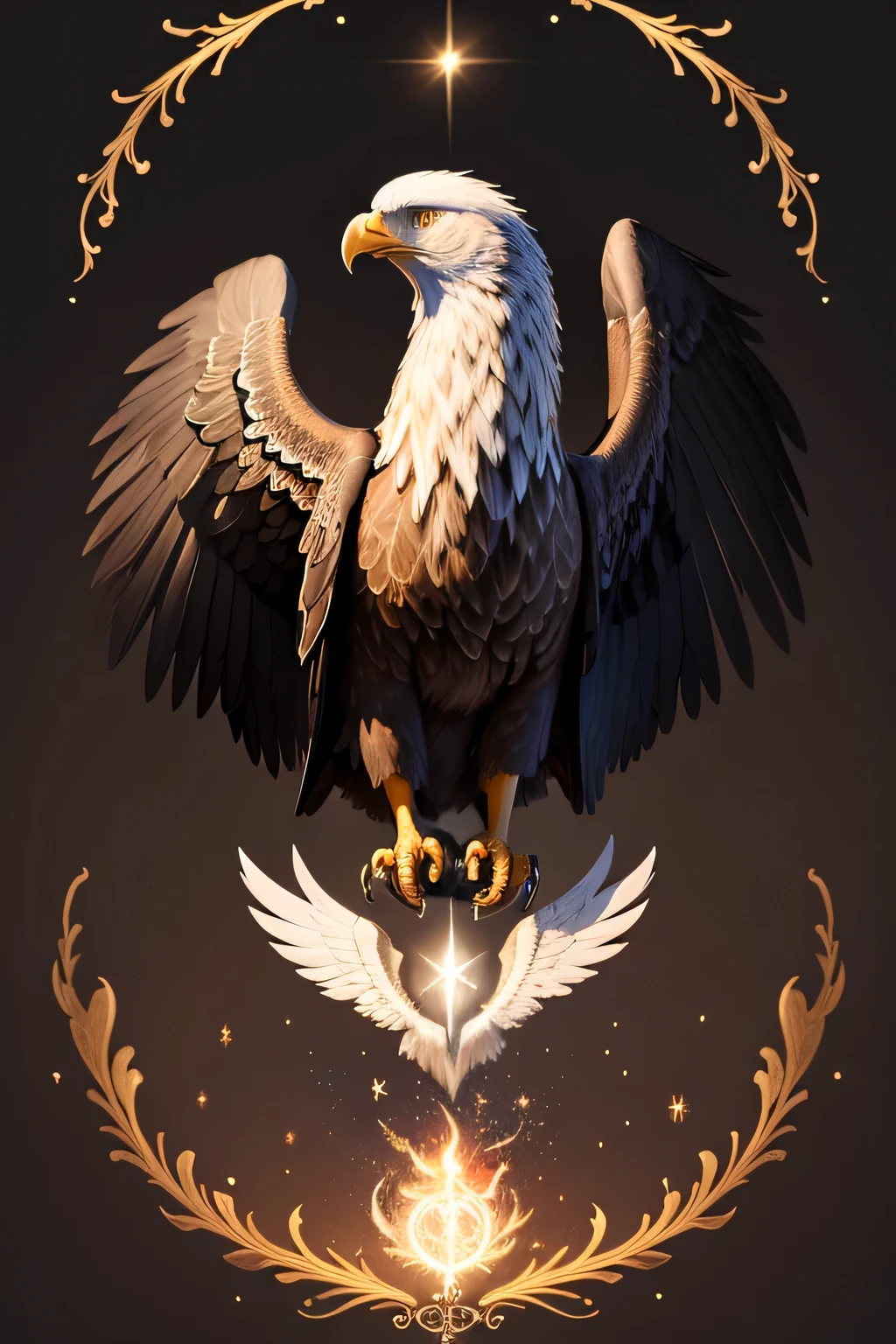 Colorful American Eagle painting on a black background,, Breathtaking Rendering, In a shining connection, Inspired by Kinuko Y. Crafting,, Magical Elements, Kitten Icon, oh, Is beautiful, Cast a variety of spells, bright flash, flash