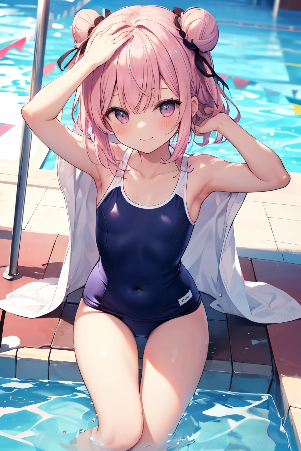 Pink Hair、ピンク目girl、Small breasts、Hair Bun、girl、Small breasts、Lolita、Bright smile、Looks about 、Petan Musume、short、目のhighlight、Sexy thighs、Wear a school swimsuit、Pool、Show your armpits、Your eyes are so beautiful、highlight
