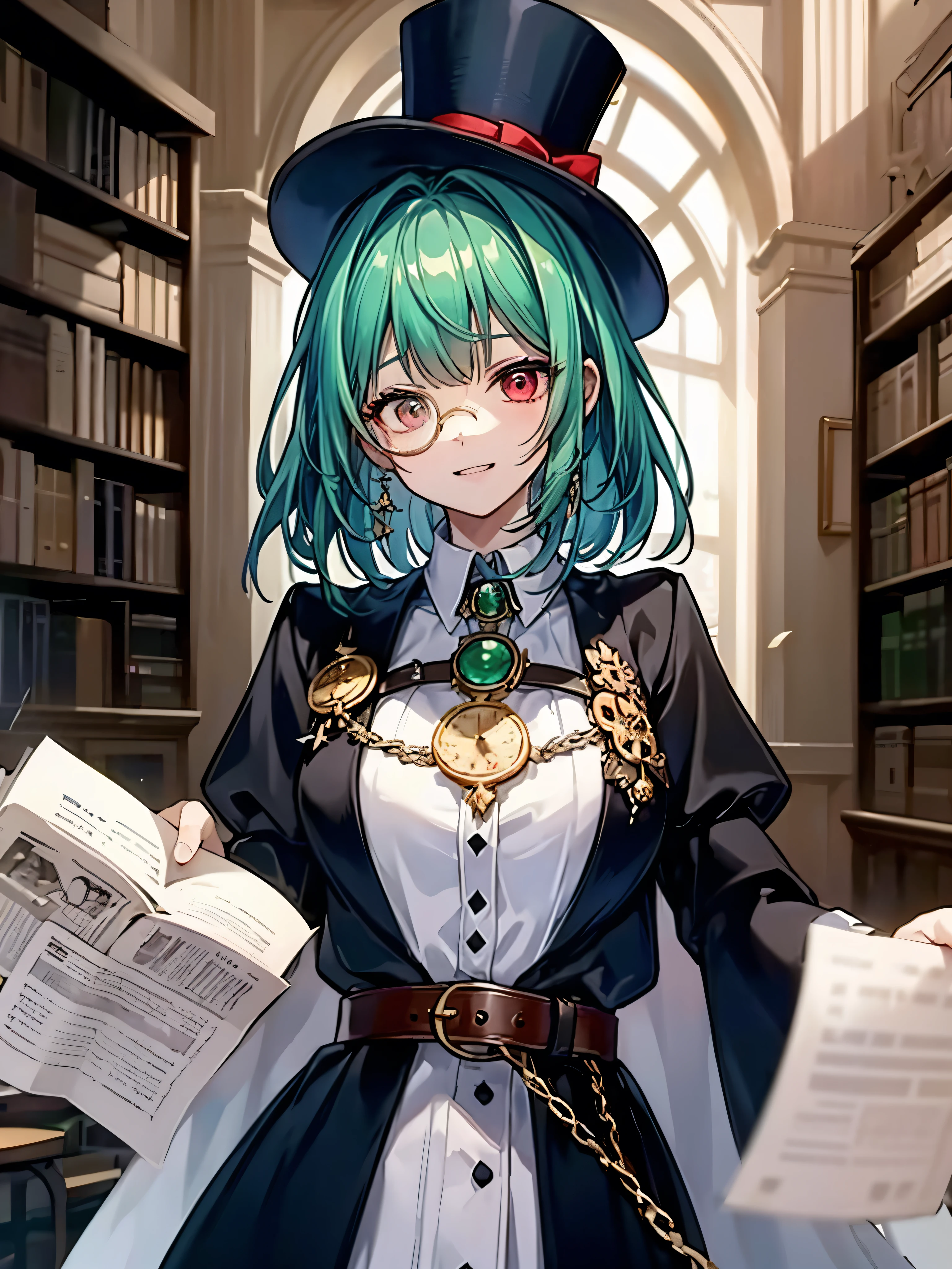 （（（masterpiece、Highest quality、highest quality、Highly detailed Unity 8ｋwallpaper、High resolution illustrations）））、（（Illustration of a girl alone、crossdressing、upper body））、（（（beautiful girl）））、（Emerald green hair、messy hair、sidelocks、Red Eyes、crazy eyes、crazy smile）、（（（flat chest）））、（（（monocle）））、Pocket watch、（（（Black Top Hat、Black suit、White shirt、belt）））、Huge medieval libraries、A large number of books、Dimly lit room